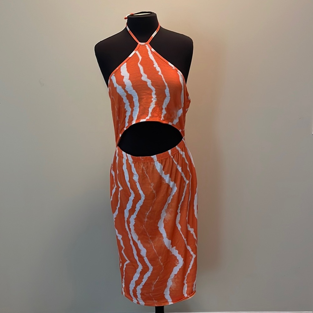 Never Worn! Orange Tie Dye Halterneck Cut Out Midi Dress